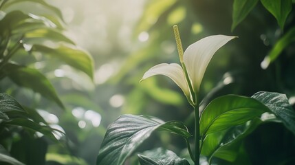 Single white peace lily flower blooming amongst lush green foliage in soft sunlight.