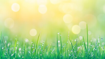 Obraz premium Dewy grass close-up with blurred sunny bokeh background.