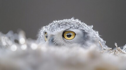 Snowy owl chick peering from icy nest.