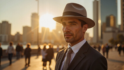 Elegant groom in felt hat at sunset in urban cityscape, sophisticated charm