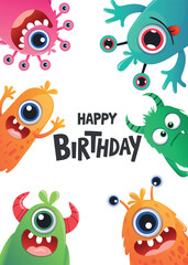 Colorful Little Monsters Birthday.  Fun Vector Illustration for greeting cards, banners, posters, and flyers.