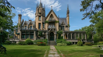 Majestic Victorian Mansion Surrounded by Lush Gardens