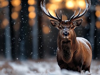 A deer standing in the snow in the woods
