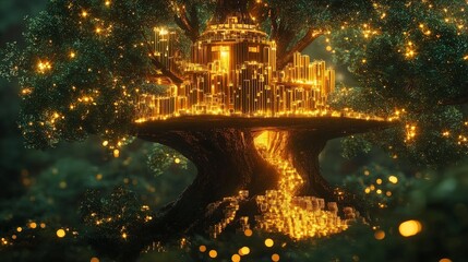 Fototapeta premium Futuristic Golden Treehouse in Enchanted Forest
