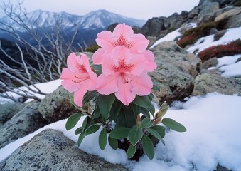 Vibrant Rhododendron Blooms Amidst the Snowy Mountain Landscape a Study in Contrasts and Resilience