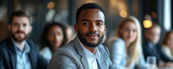 Multi ethnic employees involved in corporate training in boardroom, african team leader company boss business coach leading seminar activity concept. Horizontal photo banner for website header