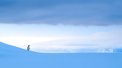 A serene polar landscape in winter, with endless white snowfields and a deep blue sky. A single penguin stands on the ice.