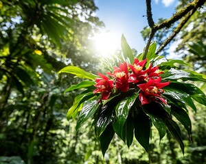 Vibrant Tropical Bloom in Sunlight Red Flowers and Lush Greenery Under Natural Bright Lighting
