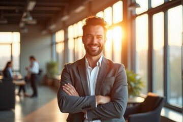 Confident Entrepreneur Smiling in Modern Office with natural sunlight streaming through large windows
