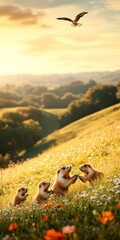 Vigilant Prairie Dogs Under the Watchful Eye of an Eagle Golden Meadow Scene Animals Wildlife