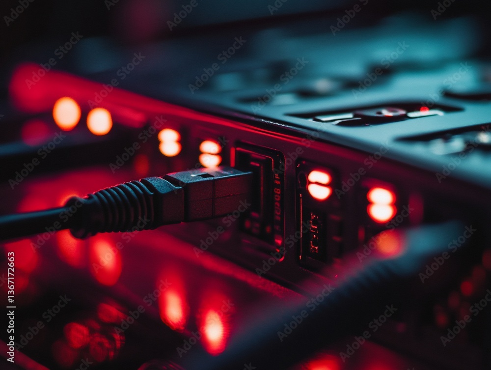 Poster close-up of network cable plugged into a device's port with red lighting.