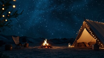 A dreamy boho-style summer camping scene featuring a cozy tent, glowing fairy lights, and a warm bonfire under a breathtaking starry night sky