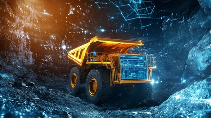 An AI powered autonomous mining robot extracting minerals, using real-time data to optimize digging depth and material collection, glowing navigation interface