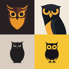 Stylized vector illustrations of owls in modern flat design, perfect for logos, icons, posters, decor, and educational or nocturnal-themed graphic design projects.

