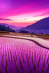 Vivid Rice Terraces at Sunrise with Purple and Pink Skies Over Mountains at Early Dawn Tranquility