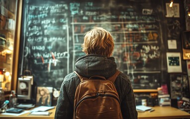 Obraz premium A student in a lively classroom, standing before a chalkboard filled with complex mathematical equations, representing academic curiosity and the thirst for knowledge
