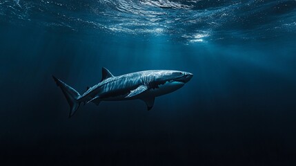 Fototapeta premium Great white shark underwater, sunbeams.
