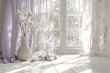 Sunlit room with cotton flowers in vases near window.