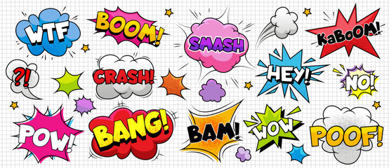 Set of comic book style onomatopoeia and exclamations in colorful speech bubbles, stars, explosions. Bright pop art inscriptions for dynamic fight scenes, surprises, crashes in graphic novels design. © klyaksun