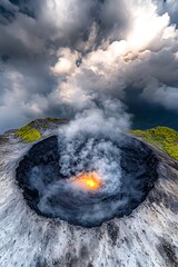 Volcanic Crater Displaying Geological Activity Under an Overcast Sky in a Natural Environment Scene