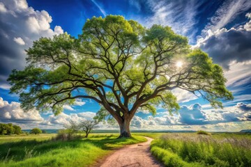 Fototapeta premium Majestic Summer Tree by Winding Path Under Bright Sun and Fluffy Clouds