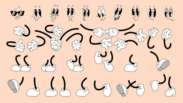 Black and white cartoon gloved hands, shoes and faces with funny eyes in retro style. Expressive gestures, movements of arms and legs for comics character animation. Humorous vintage drawing elements.