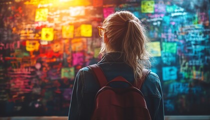 Obraz premium A colorful and inspiring classroom scene with a student in front of a chalkboard full of mathematical equations, symbolizing academic passion and the pursuit of knowledge