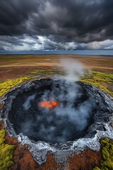Volcanic Inferno A Fiery Pit Under Ominous Skies with Steam Emanating from the Earths Core