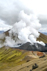 Volcanic Landscape with Thermal Activity and Cloudy Sky Serenity in Highland Environment Exploration