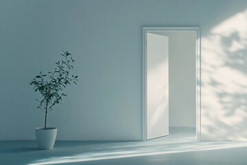Sunlit minimalist room with open door, potted plant, and wall shadow.