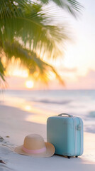 Vibrant blue suitcase and hat on sandy shore at sunset inspire adventure and relaxation by the gentle waves and palm trees