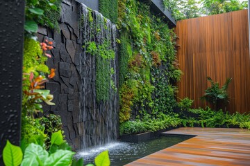 Modern gardening landscaping design details. Vertical garden indoors, living green wall with perennial plants and waterfall. Green tropical forest background. Modern open plan area with