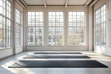 Gym white interior with black yoga mat, big windows, no people. Copy space