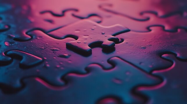 The final piece, a puzzle of mystery solved under neon pink and blue light, glistening with water droplets.