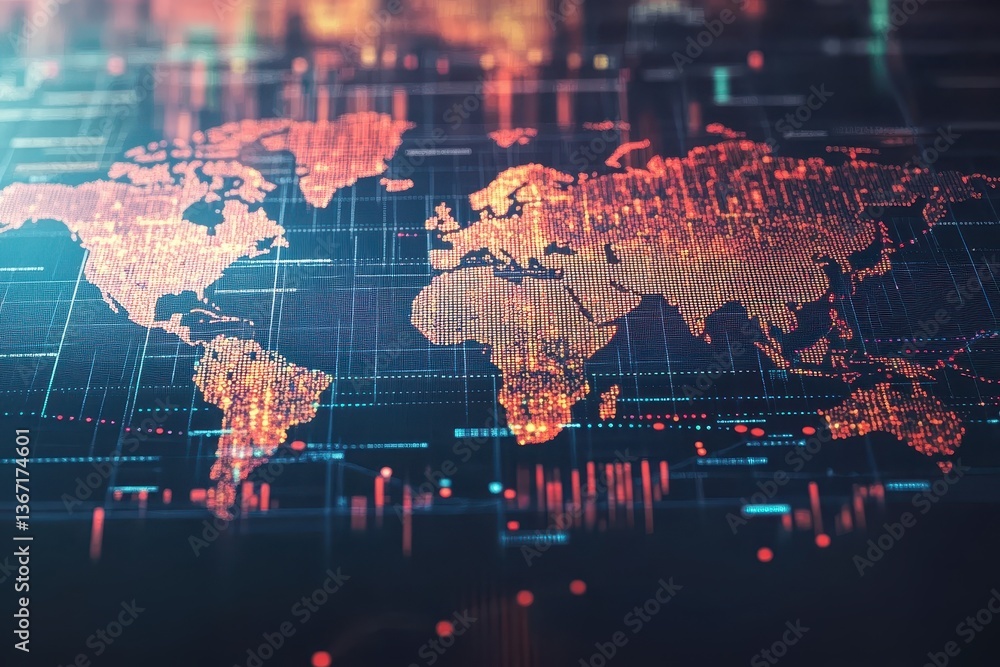 Poster digital world map with glowing points, tech and futuristic design. for illustrating global networks,
