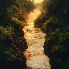 Waterfall Flowing Through Verdant Green Forest in Mountainous Terrain at Sunset Creating Ethereal Glow