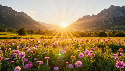 Fototapeta premium Blooming aster field at sunrise in rural valley, natural beauty