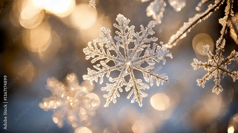 Poster close-up of a delicate, frost-covered snowflake on a branch, illuminated by warm, blurry bokeh light