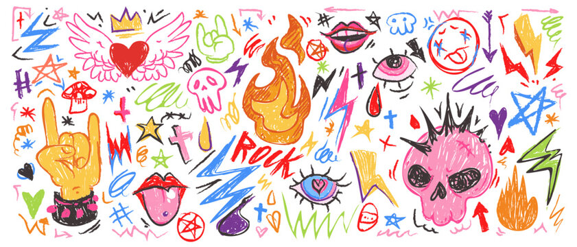 Colorful punk rock doodle set - funny skulls, flames, lightning bolts and stars, hearts, lips and eyes. Vivid freehand drawings, sketch for rebellious music poster, textile, youth subculture design.