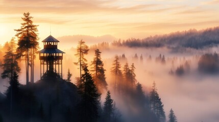 Observation tower rising above misty forest at sunrise