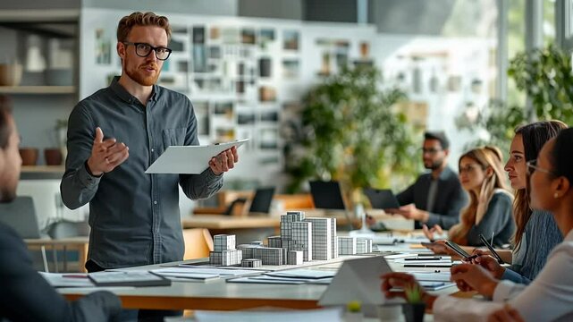 An industrial designer passionately presents a new product concept during a workshop. Attendees engage attentively, immersed in the creative process.