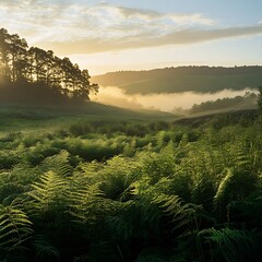 Whispers of Dawn over Fern-Covered Hills Amidst a Misty Landscape with Silhouetted Trees
