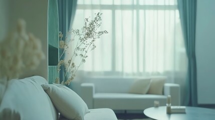 Serene living room, bathed in soft, ethereal light, featuring dried flowers adding a touch of delicate charm against a backdrop of calming teal curtains and a comfortable sofa.