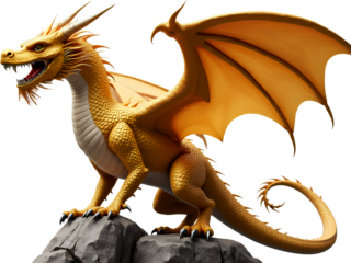 Golden Dragon on Rock, Wings, Transparent Background