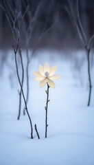 White Magnolia Blossom Amidst Winter Snowfall Cold Landscape Nature Scene Moody Aesthetic Serene Focus