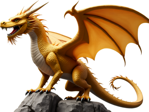 Golden Dragon on Rock, Wings, Transparent Background