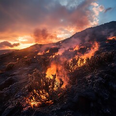 Wildfire Consuming Dry Brush in Dramatic Landscape with Fiery Glow and Ominous Sky at Dusk or Dawn