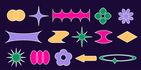 Set of colorful y2k style shapes and frames - stars, flower, ovals, pointed arc, curved diamond elements. Bright retro geometric figures with minimal flat design, funky fills for graphic projects.