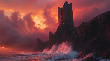 Obraz premium Dramatic sunset over coastal ruins with crashing waves. (1)
