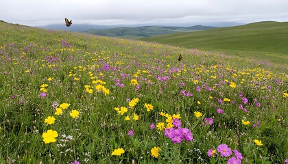 Wildflower Meadow Landscape with Butterflies Fluttering in the Springtime Field